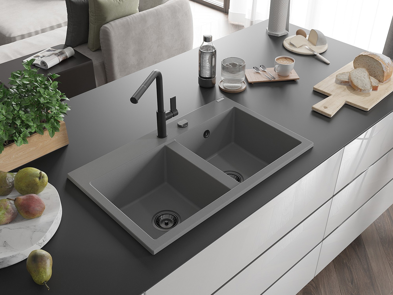 Mexen Hektor granitový dřez 2-komorový 800 x 480 mm, šedý, sifon černý - 6521802000-71-B
